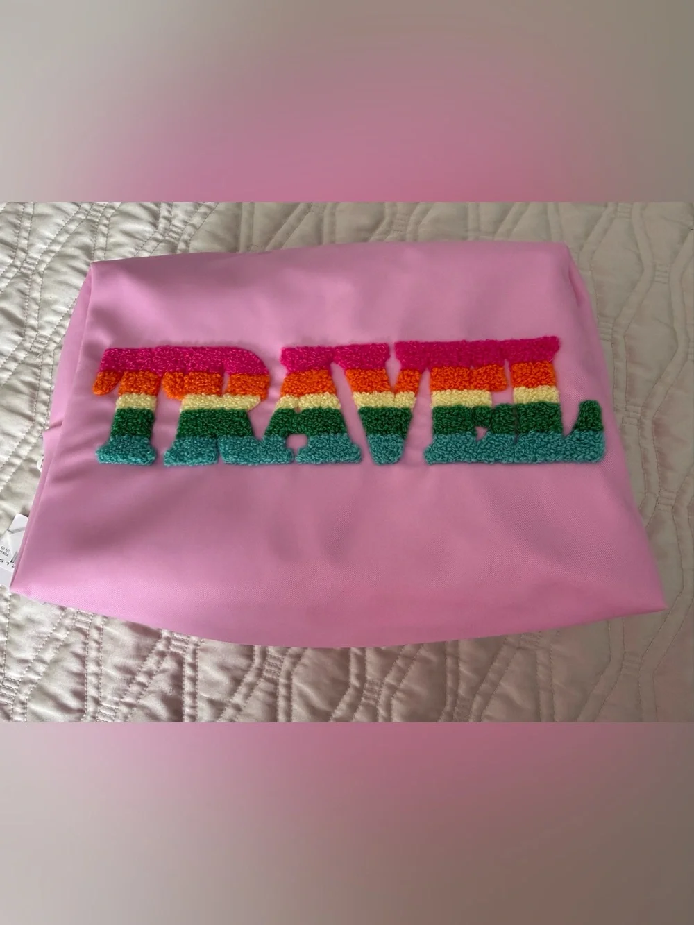 Shiraleah Pink Travel Pouch with Rainbow Chenille Lettering